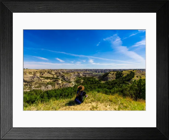 Framed Print : Woman enjoying the view along the Theodore Roosevelt National Park North Unit