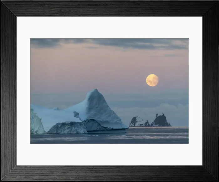 Framed Print : Nearly full moon setting over small islands and icebergs off the Trinity Peninsula Framed Print : Nearly full moon setting over small islands and icebergs off the Trinity Peninsula