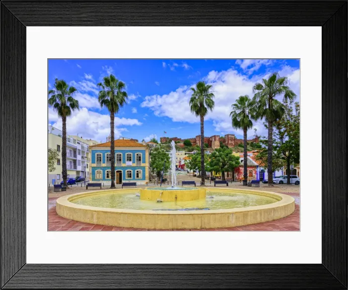 Framed Print : Fountain with a view of the Silves fortress, Algarve, Portugal, Europe Framed Print : Fountain with a view of the Silves fortress, Algarve, Portugal, Europe