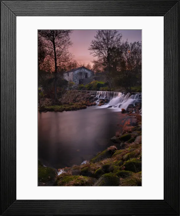 Framed Print : Mondim de Basto waterfall with a mill house at sunset, Norte, Portugal, Europe Framed Print : Mondim de Basto waterfall with a mill house at sunset, Norte, Portugal, Europe