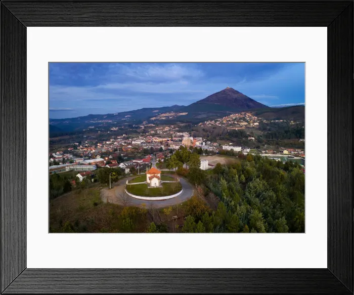 Framed Print : Drone aeiral view of Mondim de Basto with Nossa Senhora da Piedade Church Framed Print : Drone aeiral view of Mondim de Basto with Nossa Senhora da Piedade Church