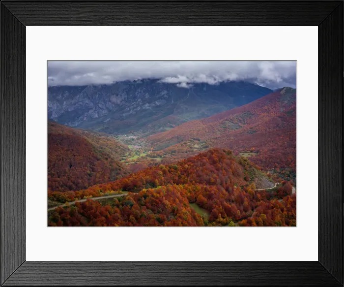 Framed Print : Road crossing beautiful colorful autumn tree landscape in Picos de Europa National Park Framed Print : Road crossing beautiful colorful autumn tree landscape in Picos de Europa National Park