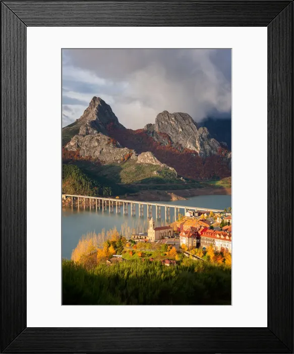 Framed Print : Riano cityscape at sunrise with mountain range landscape during autumn in Picos de Europa Framed Print : Riano cityscape at sunrise with mountain range landscape during autumn in Picos de Europa