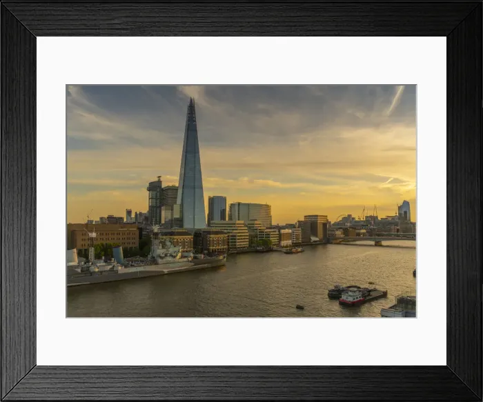 Framed Print : View of The Shard, HMS Belfast and River Thames from Cheval Three Quays at sunset, London Framed Print : View of The Shard, HMS Belfast and River Thames from Cheval Three Quays at sunset, London