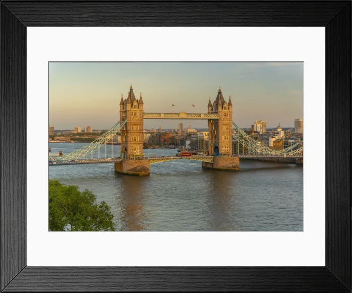 Framed Print : View of Tower Bridge and River Thames from Cheval Three Quays at sunset, London, England Framed Print : View of Tower Bridge and River Thames from Cheval Three Quays at sunset, London, England