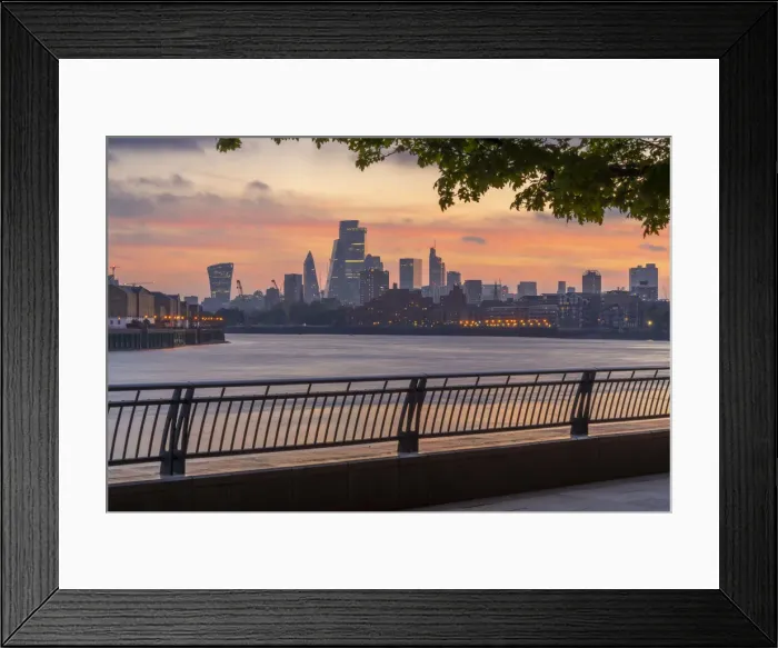 Framed Print : View of The City skyline at sunset from the Thames Path, London, England, United Kingdom Framed Print : View of The City skyline at sunset from the Thames Path, London, England, United Kingdom