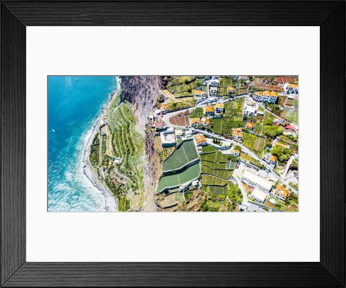 Framed Print : Terraced green fields by the turquoise ocean from above, Camara de Lobos, Madeira island Framed Print : Terraced green fields by the turquoise ocean from above, Camara de Lobos, Madeira island