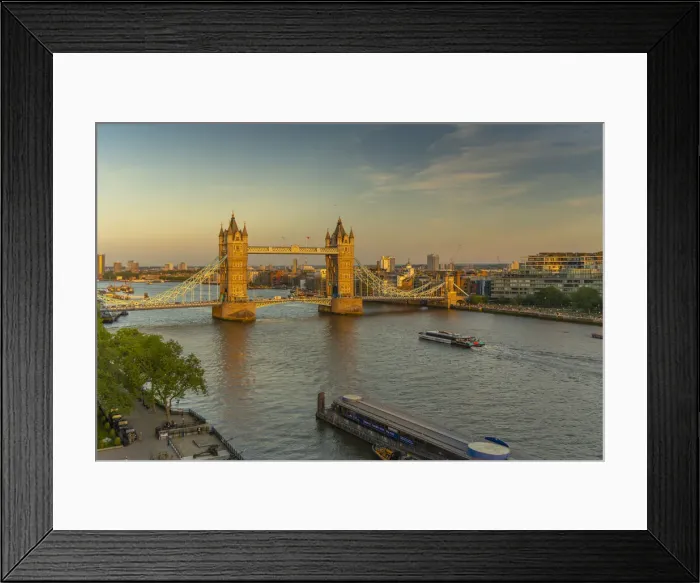 Framed Print : View of Tower Bridge and River Thames from Cheval Three Quays at sunset, London, England Framed Print : View of Tower Bridge and River Thames from Cheval Three Quays at sunset, London, England