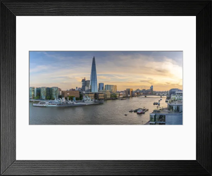 Framed Print : View of The Shard, HMS Belfast and River Thames from Cheval Three Quays at sunset, London Framed Print : View of The Shard, HMS Belfast and River Thames from Cheval Three Quays at sunset, London