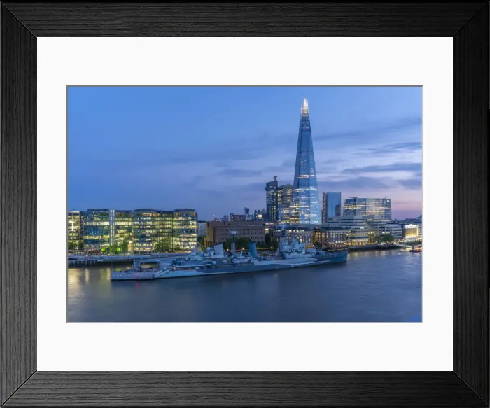 Framed Print : View of the Shard, HMS Belfast and River Thames from Cheval Three Quays at dusk, London Framed Print : View of the Shard, HMS Belfast and River Thames from Cheval Three Quays at dusk, London