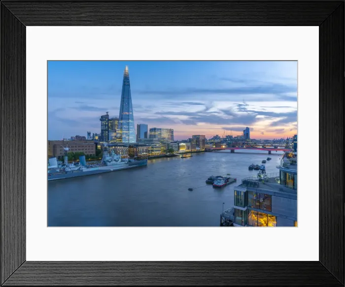 Framed Print : View of The Shard, HMS Belfast and River Thames from Cheval Three Quays at dusk, London Framed Print : View of The Shard, HMS Belfast and River Thames from Cheval Three Quays at dusk, London