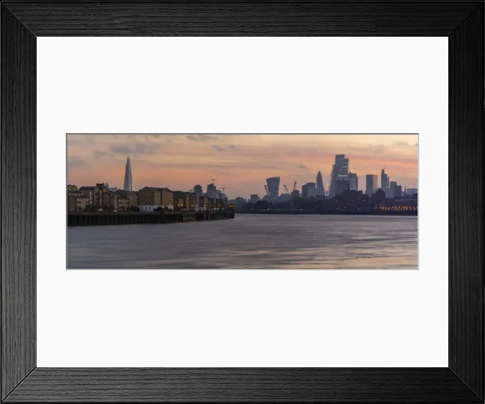 Framed Print : View of The City skyline at sunset from the Thames Path, London, England, United Kingdom Framed Print : View of The City skyline at sunset from the Thames Path, London, England, United Kingdom