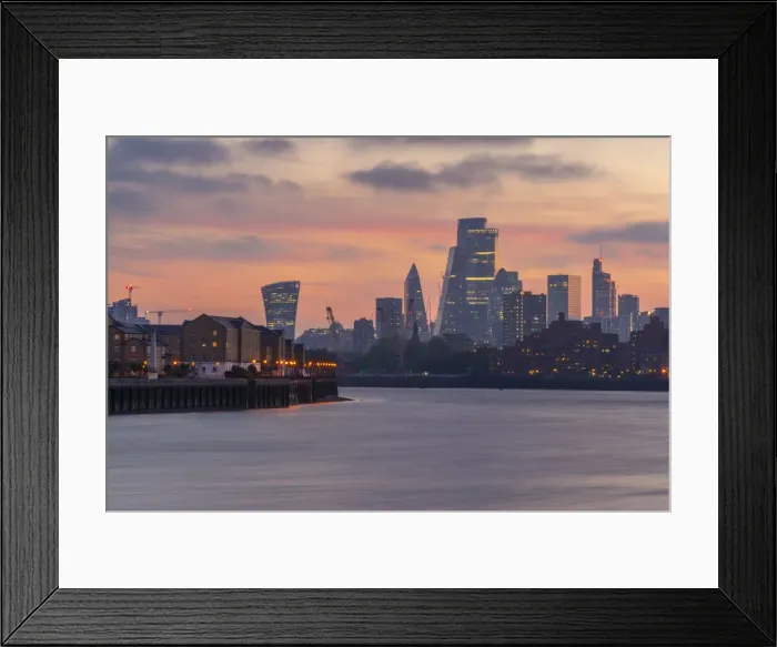 Framed Print : View of The City skyline at sunset from the Thames Path, London, England, United Kingdom Framed Print : View of The City skyline at sunset from the Thames Path, London, England, United Kingdom