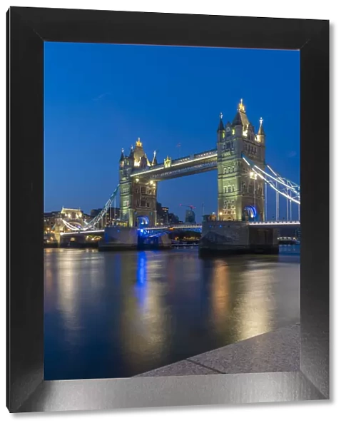 View of Tower Bridge and River Thames at dusk, London, England, United Kingdom, Europe