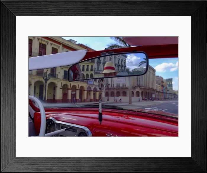Framed Print : Taxi driver in straw hat seen in rear-view mirror of vintage car, Havana, Cuba Framed Print : Taxi driver in straw hat seen in rear-view mirror of vintage car, Havana, Cuba