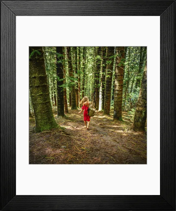 Framed Print : A barefoot woman in a red dress carries a travel pack over her shoulder through a tall Framed Print : A barefoot woman in a red dress carries a travel pack over her shoulder through a tall