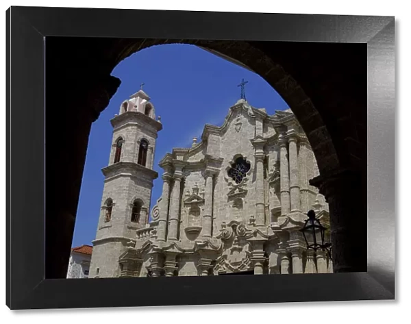 Historic church framed by an archway, Old Havana, Cuba, West Indies, Central America