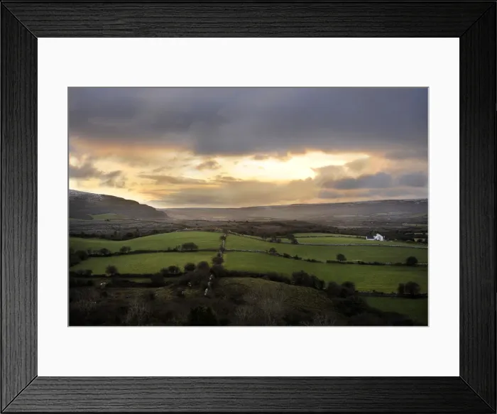 Framed Print : Rolling green fields at sunset in the coastal town of Ballyvaughan, County Clare, Munster Framed Print : Rolling green fields at sunset in the coastal town of Ballyvaughan, County Clare, Munster