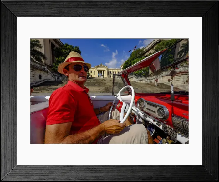 Framed Print : Taxi driver stops in front of the stairs of University of Havana where Fidel Castro gave Framed Print : Taxi driver stops in front of the stairs of University of Havana where Fidel Castro gave