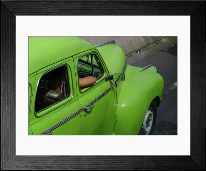 Framed Print : Lime green vintage car with passengers arm through window, Havana, Cuba, West Indies Framed Print : Lime green vintage car with passengers arm through window, Havana, Cuba, West Indies