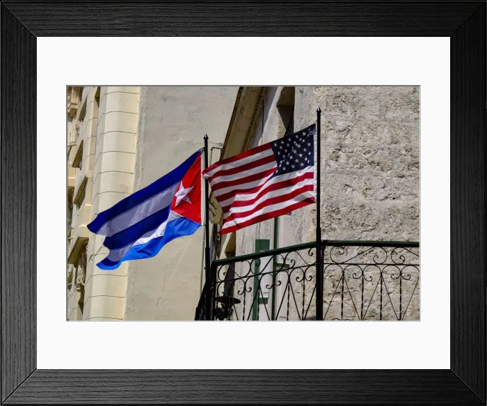 Framed Print : Cuban and American flags waving side by side, Old Havana, Cuba, West Indies Framed Print : Cuban and American flags waving side by side, Old Havana, Cuba, West Indies