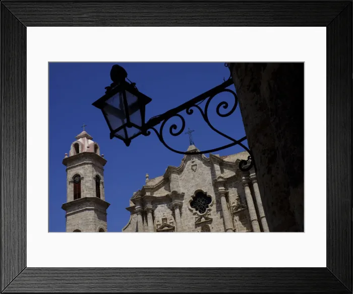 Framed Print : Historic church behind the silhouette of an iron lantern, Old Havana, Cuba, West Indies Framed Print : Historic church behind the silhouette of an iron lantern, Old Havana, Cuba, West Indies