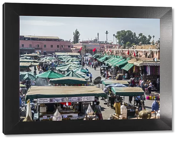 Shops and restaurants around Jemaa el-Fna Square, UNESCO World Heritage Site, Marrakech