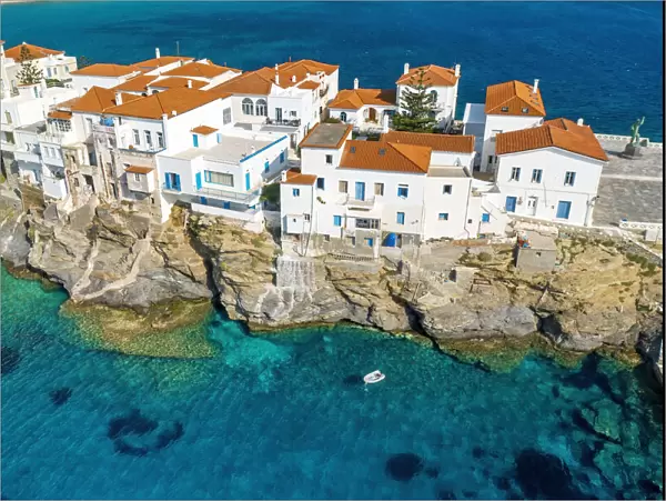 Aerial drone view of iconic and picturesque Andros (Chora) Andros Island, Cyclades