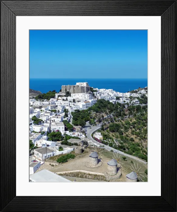 Framed Print : Ancient windmills in Chora overlooking the Monastery of Saint John the Theologian Framed Print : Ancient windmills in Chora overlooking the Monastery of Saint John the Theologian