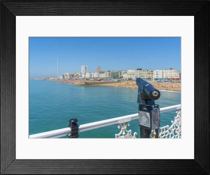 Framed Print : View of beach and telescope on a sunny day from Brighton Palace Pier, Brighton Framed Print : View of beach and telescope on a sunny day from Brighton Palace Pier, Brighton