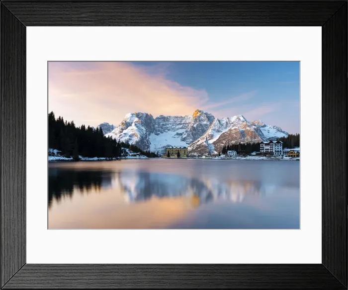 Framed Print : Autumn sunrise over Lake Misurina and Sorapiss mountain, Dolomites, Auronzo di Cadore Framed Print : Autumn sunrise over Lake Misurina and Sorapiss mountain, Dolomites, Auronzo di Cadore