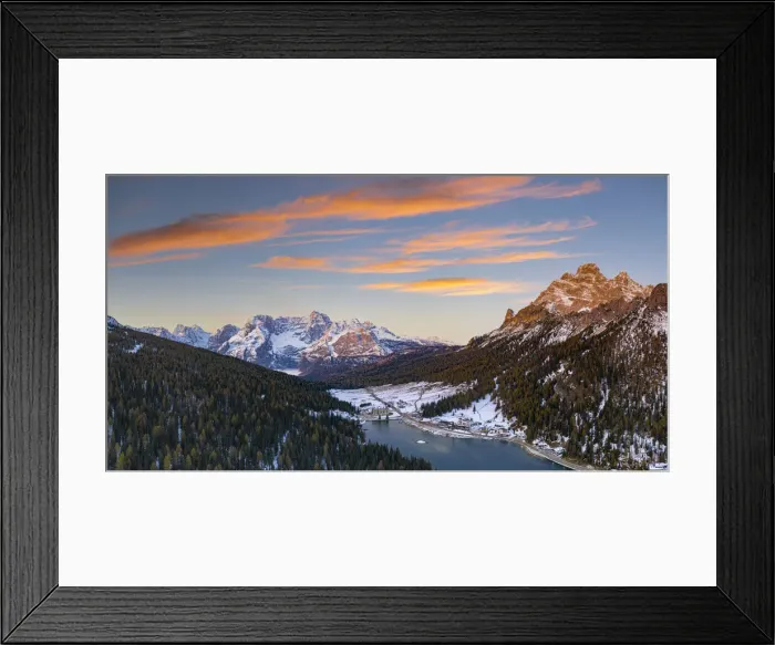 Framed Print : Sunrise over the snowy woods surrounding Lake Misurina and Sorapis, aerial view Framed Print : Sunrise over the snowy woods surrounding Lake Misurina and Sorapis, aerial view
