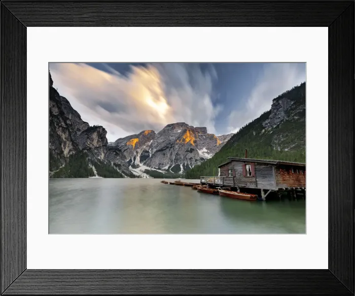 Framed Print : Cloudy sky at sunset over Croda del Becco and Lake Braies (Pragser Wildsee), Dolomites Framed Print : Cloudy sky at sunset over Croda del Becco and Lake Braies (Pragser Wildsee), Dolomites