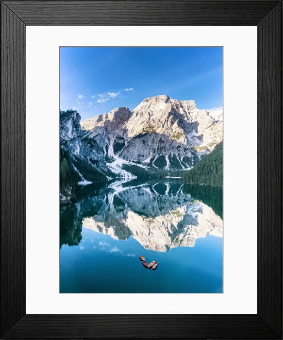 Framed Print : Lake Braies (Pragser Wildsee) with Croda del Becco reflected in water at dawn Framed Print : Lake Braies (Pragser Wildsee) with Croda del Becco reflected in water at dawn