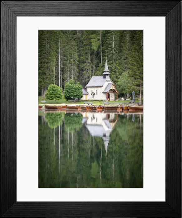 Framed Print : Green forest and chapel perfectly reflected in Lake Braies (Pragser Wildsee) in summer Framed Print : Green forest and chapel perfectly reflected in Lake Braies (Pragser Wildsee) in summer