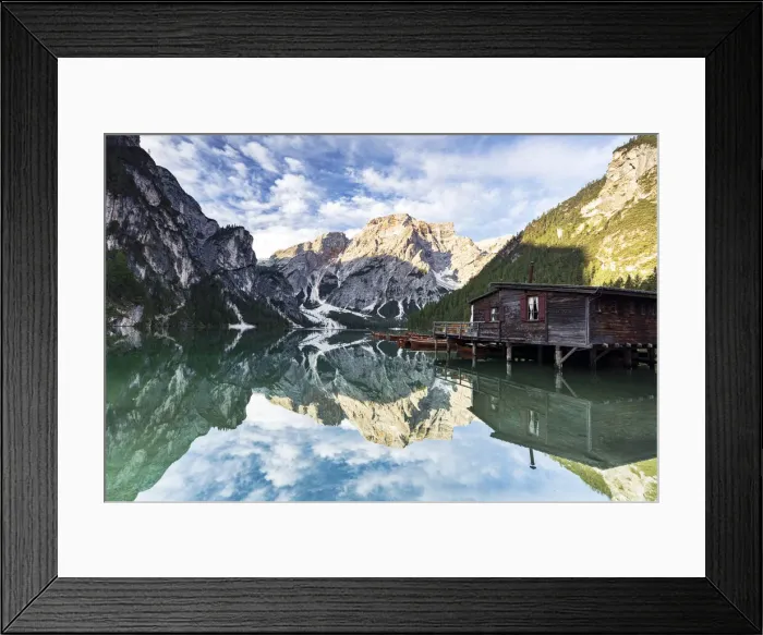 Framed Print : Lake Braies (Pragser Wildsee) at sunrise with Croda del Becco mountain reflected in water Framed Print : Lake Braies (Pragser Wildsee) at sunrise with Croda del Becco mountain reflected in water