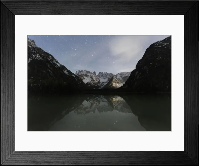 Framed Print : Starry sky over Cristallo group mountains reflected in Lake Landro, Dolomites Framed Print : Starry sky over Cristallo group mountains reflected in Lake Landro, Dolomites