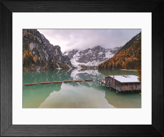 Framed Print : Lake Braies (Pragser Wildsee) framed by colorful woods in autumn, Braies (Prags) Framed Print : Lake Braies (Pragser Wildsee) framed by colorful woods in autumn, Braies (Prags)