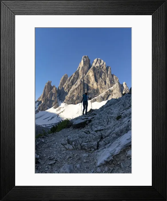 Framed Print : Silhouette of woman on path with Croda Dei Toni mountain in the background, Val Fiscalina Framed Print : Silhouette of woman on path with Croda Dei Toni mountain in the background, Val Fiscalina