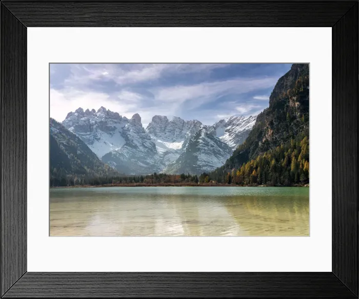 Framed Print : Peaks of Cristallo group view from the pristine Lake Landro, Dolomites, Dobbiaco Framed Print : Peaks of Cristallo group view from the pristine Lake Landro, Dolomites, Dobbiaco