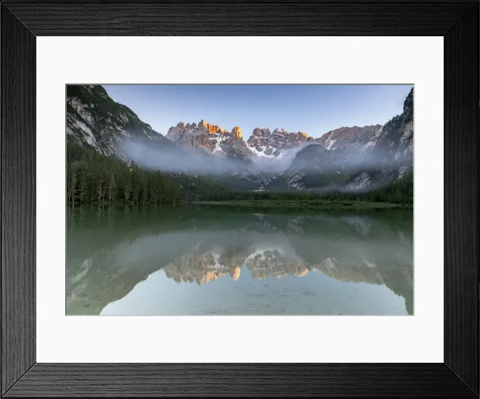 Framed Print : Lake Landro and woods at sunset with Cristallo and Popena group reflected in water Framed Print : Lake Landro and woods at sunset with Cristallo and Popena group reflected in water