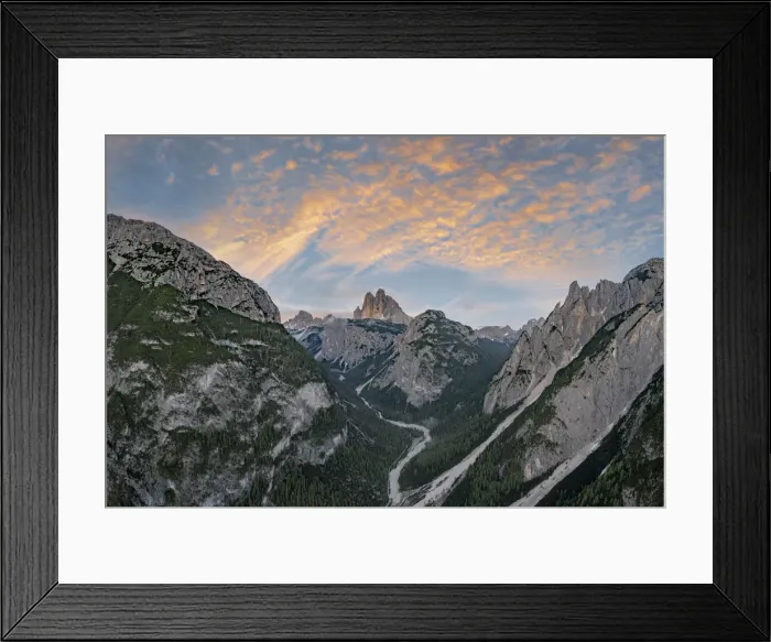 Framed Print : Sunset over Tre Cime di Lavaredo and woods, aerial view, Sesto (Sexten) Dolomites Framed Print : Sunset over Tre Cime di Lavaredo and woods, aerial view, Sesto (Sexten) Dolomites