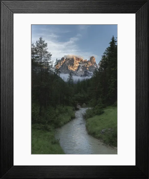 Framed Print : River in the green valley with Cristallo and Popena group in the background at sunset Framed Print : River in the green valley with Cristallo and Popena group in the background at sunset