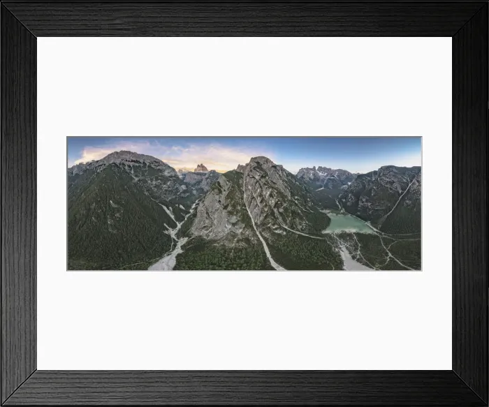 Framed Print : Aerial view of Tre Cime Di Lavaredo, Lake Landro and Monte Cristallo at sunset, Dolomites Framed Print : Aerial view of Tre Cime Di Lavaredo, Lake Landro and Monte Cristallo at sunset, Dolomites