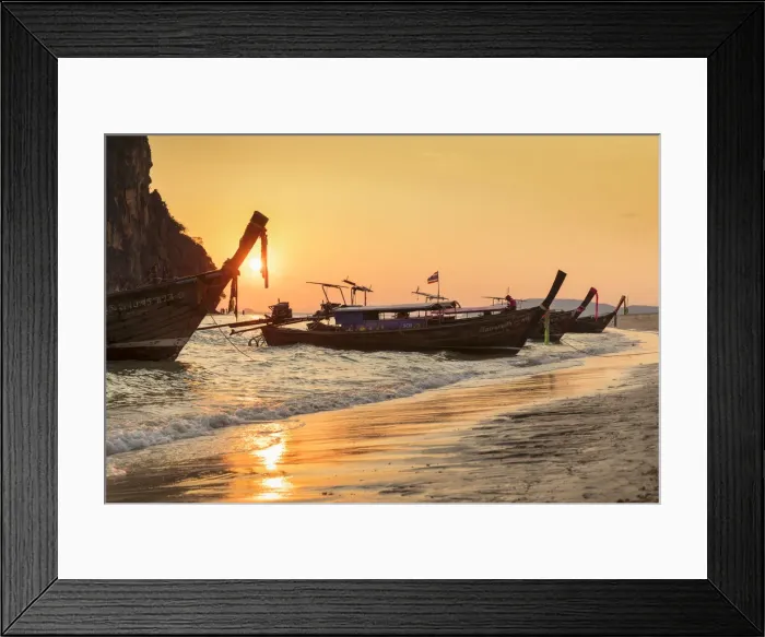 Framed Print : Longtail boats at Phra Nang Beach at sunset, Rai Leh Peninsula, Krabi Province, Thailand