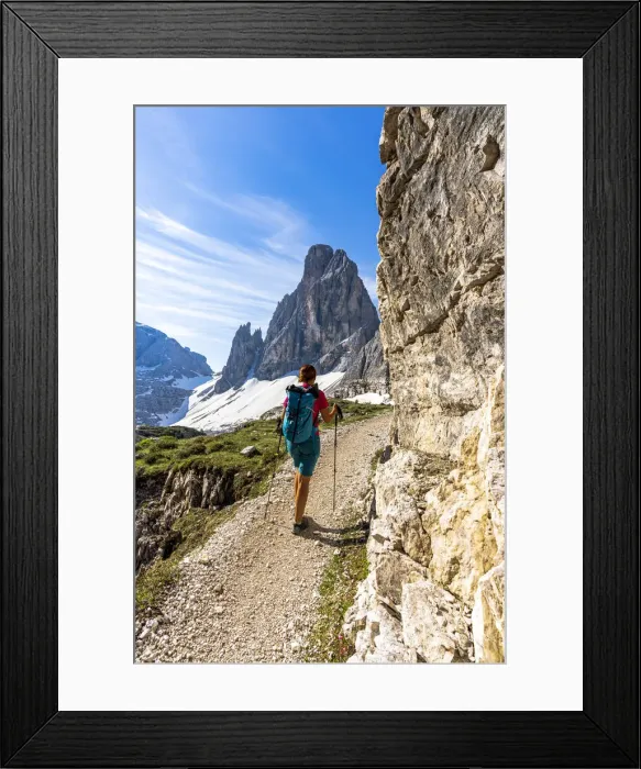 Framed Print : Backpacker woman with hiking poles enjoying the view to Croda Dei Toni from path Framed Print : Backpacker woman with hiking poles enjoying the view to Croda Dei Toni from path