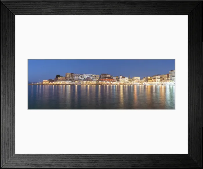 Framed Print : Panoramic of the illuminated old town and Venetian harbour of Chania at dusk, Crete Framed Print : Panoramic of the illuminated old town and Venetian harbour of Chania at dusk, Crete