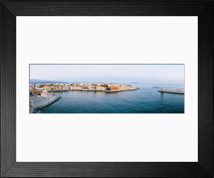 Framed Print : Panoramic of the old Venetian harbour and lighthouse of Chania at sunrise, aerial view Framed Print : Panoramic of the old Venetian harbour and lighthouse of Chania at sunrise, aerial view