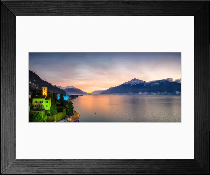 Framed Print : Christmas lights dressing the old bell tower in Gravedona lakeside town at dawn Framed Print : Christmas lights dressing the old bell tower in Gravedona lakeside town at dawn
