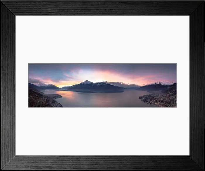 Framed Print : Aerial panoramic view of Gravedona and Domaso towns on shores of Lake Como at sunrise Framed Print : Aerial panoramic view of Gravedona and Domaso towns on shores of Lake Como at sunrise